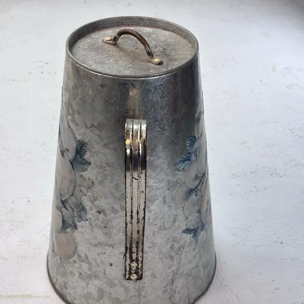 Annie's Pride Galvanized Metal Popcorn Tin Decorative Pitcher Fruit Farm Vintage
